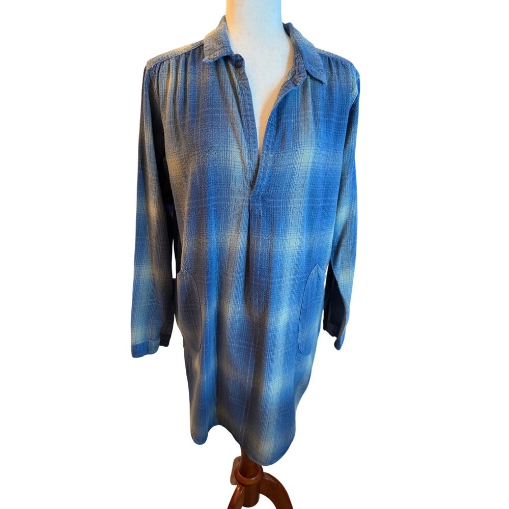 Free People‎ Blue Plaid Long Sleeve Shirt Dress w/ Pockets Size M